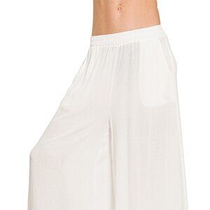 Zenana Boho Woven Crinkle Wide Off White Linen Like Beachy Pants With Pockets